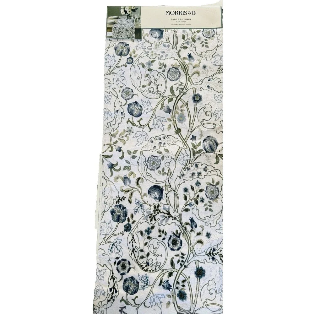 William Morris & Co Mary Isobel Table Runner 108”x 18” Embroidered Floral White